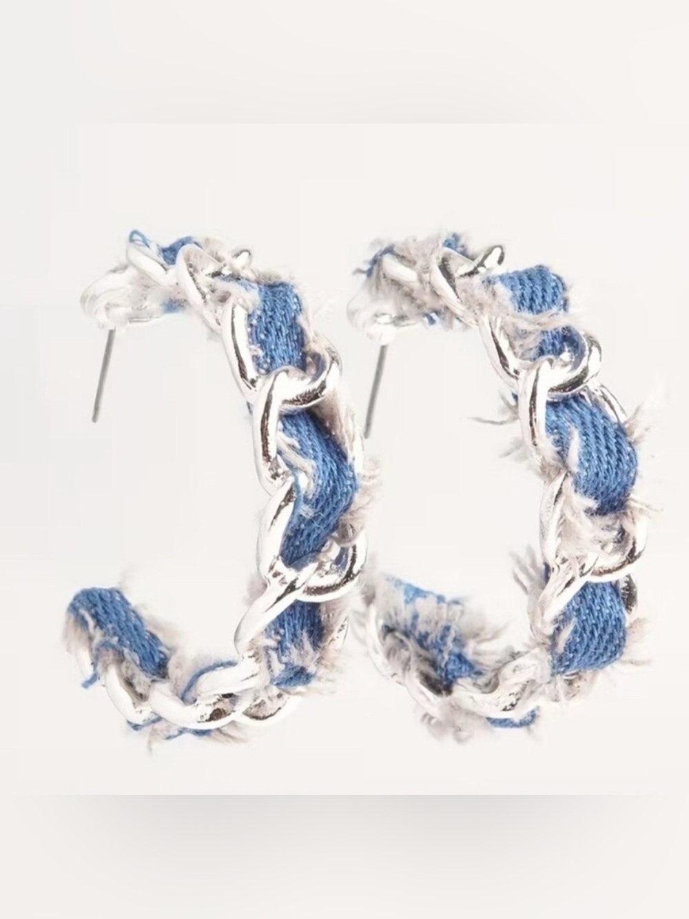 Silver Chain Hoop Earrings with Blue Denim Weave - 1.77in - Picture 2 of 3